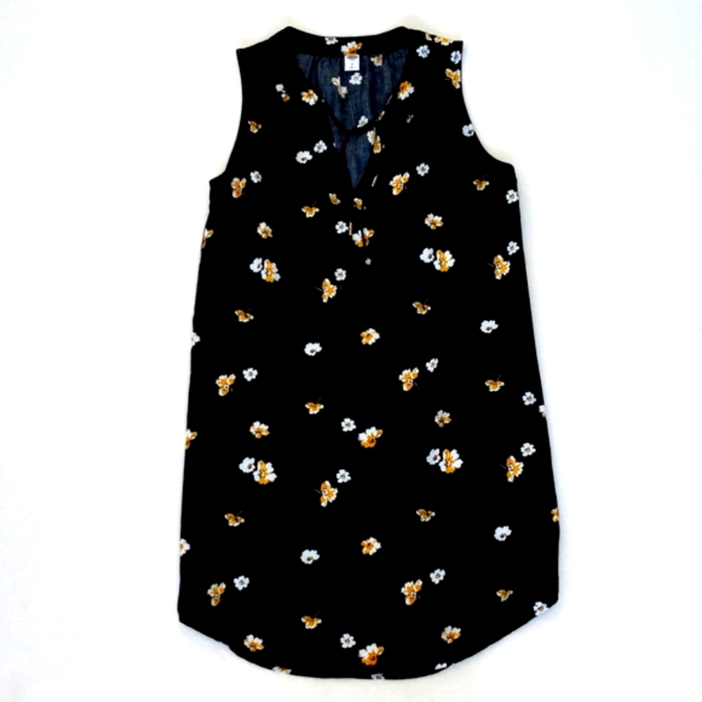 Old Navy Women's Rayon Black Sleeveless Dress w Yellow & White Daisy Flowers S